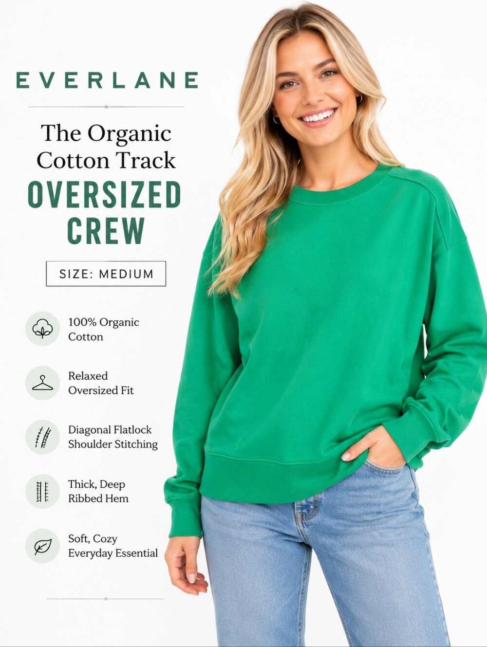 EVERLANE Kelly Green The Organic Cotton Track Oversized Crew Sweatshirt Size M